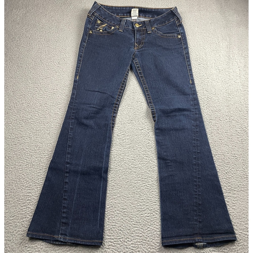 True Religion Joey Jeans Womens 30 Blue Gold Painted Pockets Flare Low Rise Flap